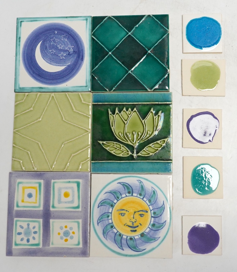 A collection of forty-three Kenneth Clark ceramic tiles and a quantity of related smaller spacer tiles, larger tiles 10x10cm